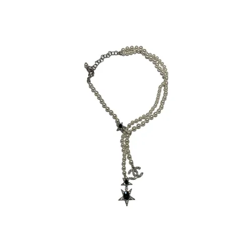 CHANEL Double C Pearl Metal Necklaces Women's Silver White