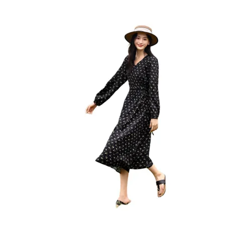 Mo Han Yi Mei Длинное платье с длинными рукавами женское черное с цветами