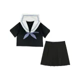 Белый и синий топ с короткими рукавами + золотой рыбка узел + черное платье-миди, размер 42