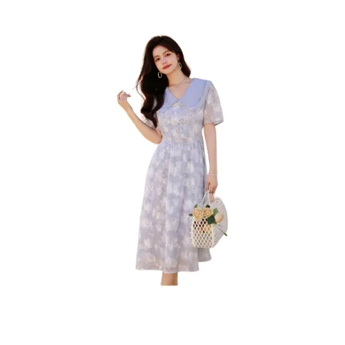 ETSE Короткий рукав Платье Женское Синее