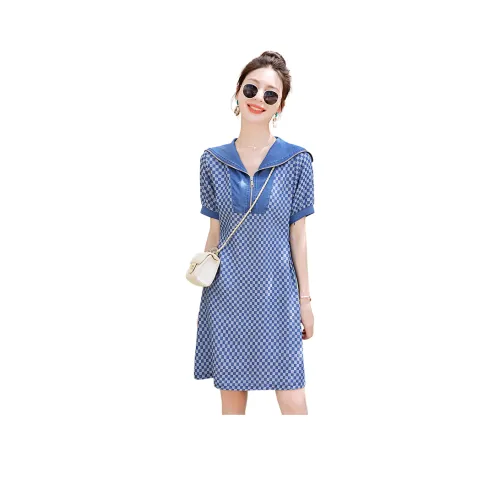 MJ Короткий рукав Платье Женское Джинсовый синий