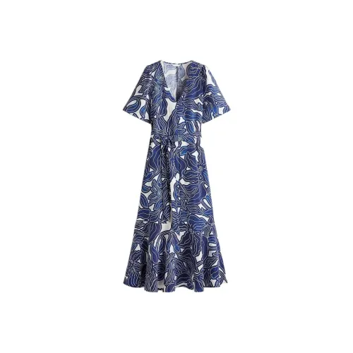 H&M Белый/синий Цветочный Женские Короткие Платья с Рукавами
