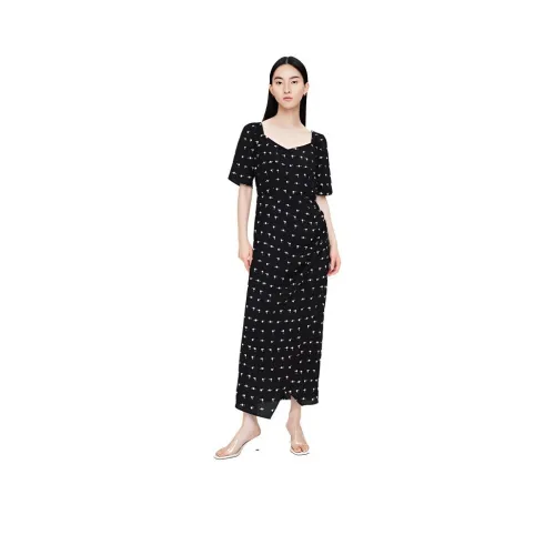 TKY SHOP Черный гороховый узор женские короткие рукава платья