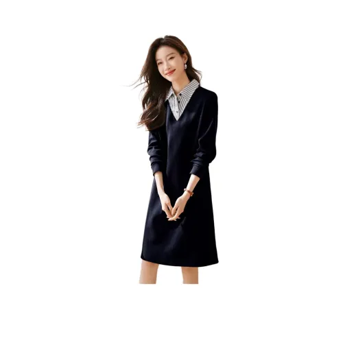 Mo Han Yi Mei Длинное платье с длинными рукавами женское темно-синий