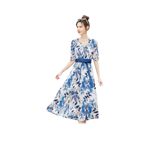 TOUCH Короткий рукав Платье Женское Белое Основа с синим цветком