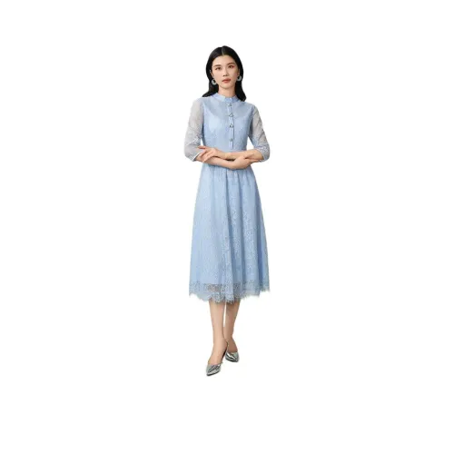 BBLLUUEE Длинный рукав Платье Женское Светлый Аква Синий