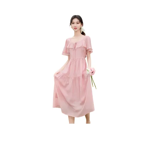 Like The Age Of Water Летний Короткий Рукав Платье Slim Fit Женское Розовый