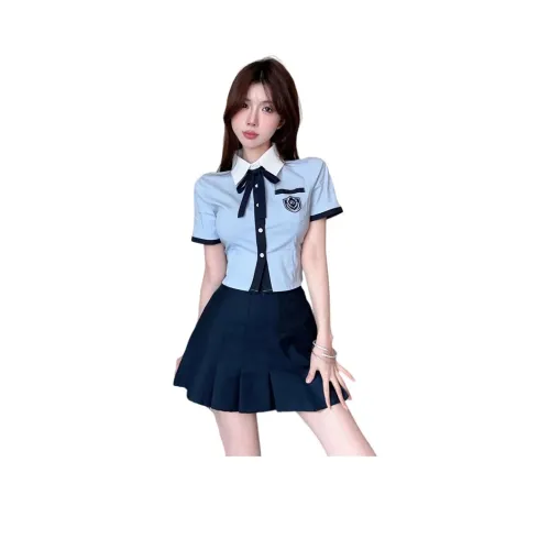 DGMZ Синий топ с синими юбкой, галстуками-бабочками, комплект женской униформы для работы