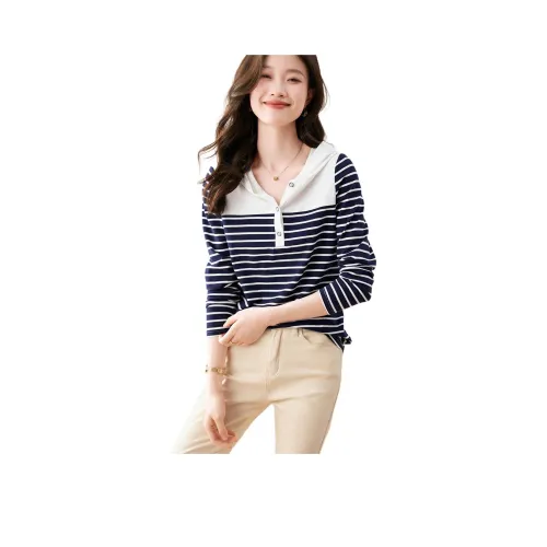 Mo Han Yi Mei T Рубашка Женская Темно-синяя Полосатая