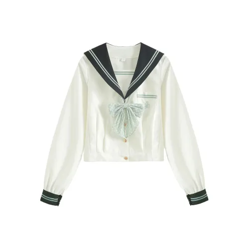 Luohua Candy Горный зеленый Длинный Sleeved++Гороховый узор Бант Женская униформа