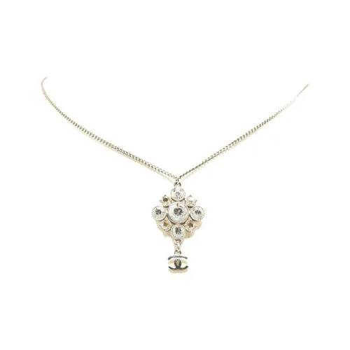CHANEL CC Латунь Палладий Покрытый Crystal Necklaces Женские Серебристые