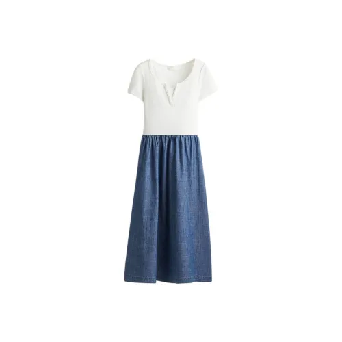 H&M Белый/Джинсовый синий Женские Короткие Платья с Рукавами