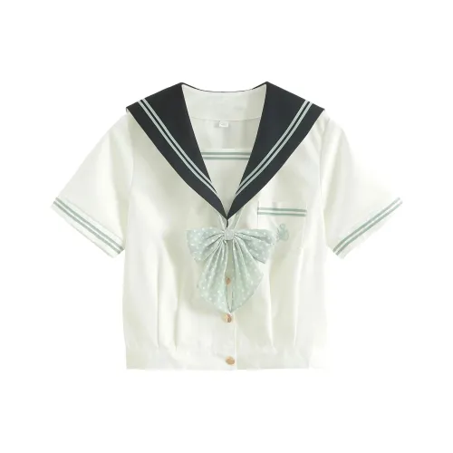 Luohua Candy Горный зеленый Короткий рукав Топ + Гороховый узор Бант Женская униформа