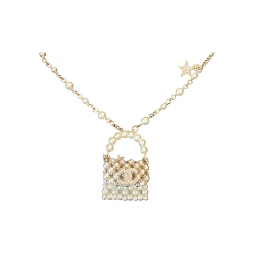 CHANEL 23A Синтетический кубический цирконий Стразы Жемчужный Metal Necklaces Женские Золотой