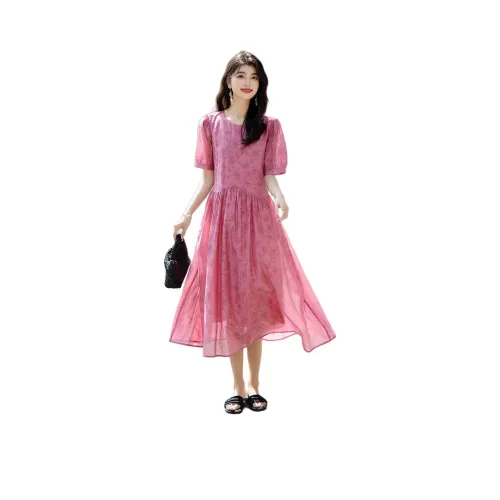 【Dme】 Короткий рукав платье женское розово-красное