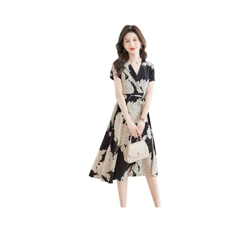 Cypress House Короткий рукав Платье Женское Черное с Бежевым Цветочным