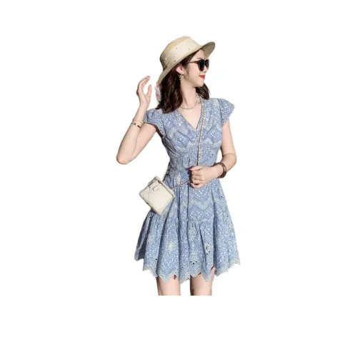 Fish Rabbits Короткий рукав Платье Женское Синий