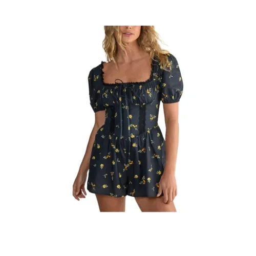 NASTY GAL Хлопок Ditsy Кружевная отделка CORSET Рукав буф Romper Комбинезон Женские