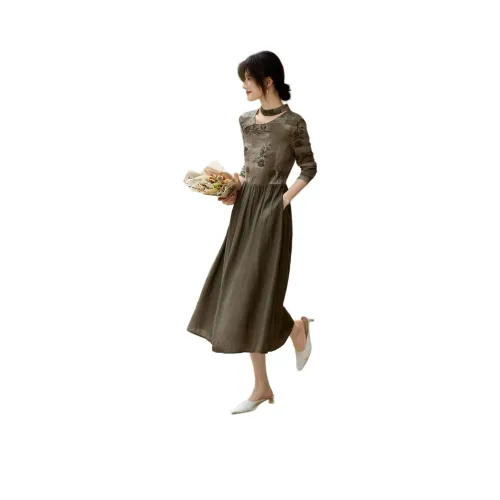 XWI Длинное платье с длинными рукавами женское кофейно-зеленый