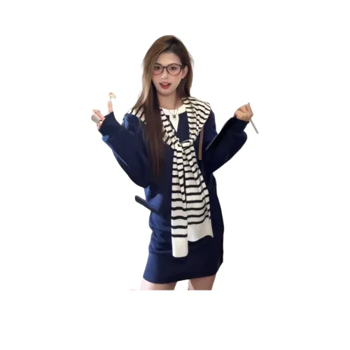 Icicofficial Темно-синий Юбка + Полосы Шаль Женские Комплекты с юбкой