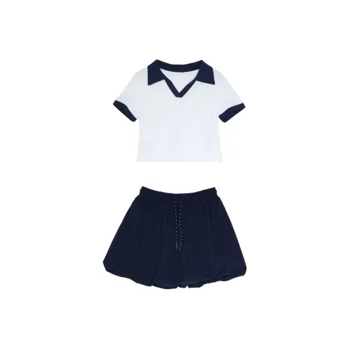 Wen Shan Корейский стиль Белый топ + Темно-синяя юбка-тюльпан Женские повседневные костюмы