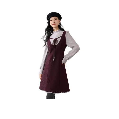 OUNIXUE Длинное платье с длинными рукавами женское темно-красновато-фиолетовый