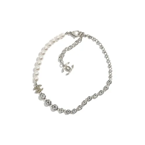 CHANEL Double C Rhinestone Pearl Metal Glass Crystal Necklaces Women's Silver CHANEL Double C Стразы Жемчужный Металл Стекло Кристальные ожерелья Женские Серебряные