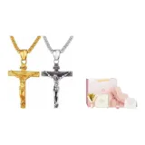 Серебряное+Золотое Ожерелье с Крестом Иисуса+Коробка с посланием любви Набор