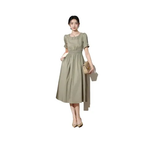 SMEN Короткий рукав Платье Женское Зеленое