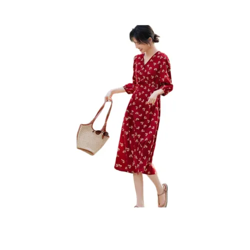 XWI Длинное платье с длинными рукавами женское красное с желтой цветочной вставкой