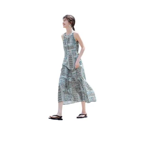 XWI Синий Принт Женские Платья без рукавов