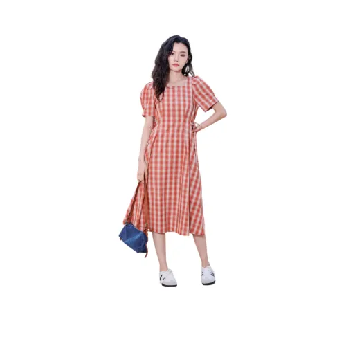 Fay Короткий рукав Платье Женское Оранжевая клетка