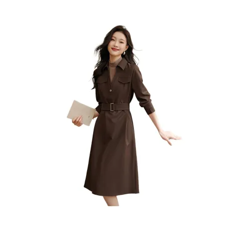 Mo Han Yi Mei Длинный рукав Платье Женское Кофейное