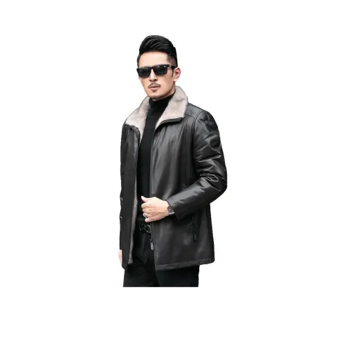 JIMU Мужской MID Длина (размер в длину) Натуральная кожа Норковая шерсть Норковый мех Пальто Козья кожа Куртка Дубленка Мужской Черный