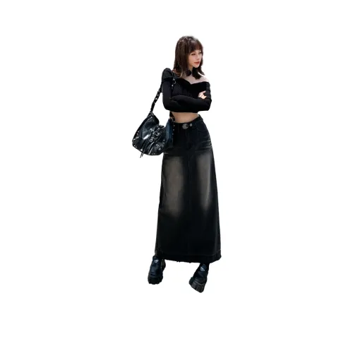 FHMY Деним Длинный Юбка Женские Черный Серый