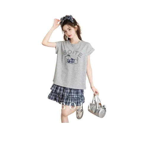 FAWENXIANGZI Вересковый серый + Синяя клетка Женские футболки