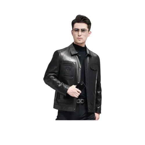 Devanro Натуральная кожа Куртка Мужская Классическая Черная