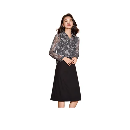 MEILANNI Серый Рубашка + Черное Платье-камзол Женские Комплекты с Юбкой