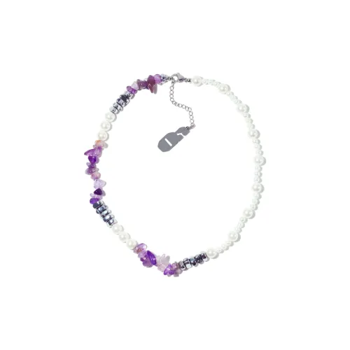 Get'em ON Фиолетовый Crushed Камень Белая раковина Бусины Серебряный Титановая сталь Ожерелья Унисекс