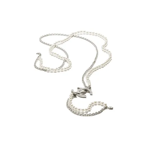 CHANEL Double C Металл Искусственный жемчуг Стразы Ожерелья Унисекс Серебряный