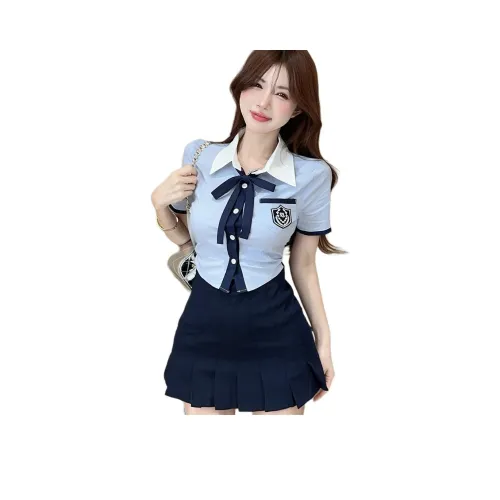 Garbege UNIFORM Женская Синяя Рубашка с Бабочкой и Синим Комплект с Юбкой