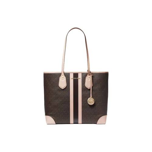 MICHAEL KORS ЭВА Холст и Кожа Комбинированная Сумка-тоут Сумка для покупок Сумка через плечо Сумка Большая Женская Темно-коричневая и Розовая