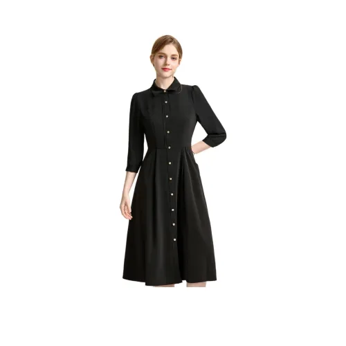 FENHONGMALI Длинное платье с длинными рукавами женское черное