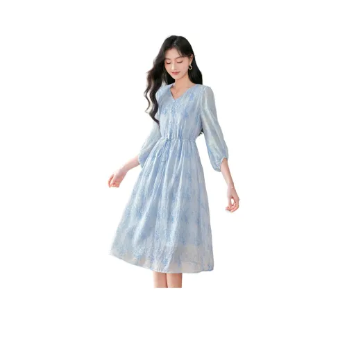Like The Age Of Water Весна Длинный Рукав Платье Стандартный Женский Синий