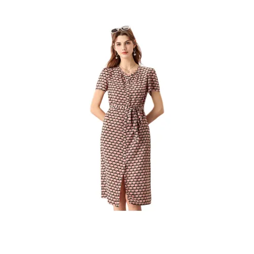 FENHONGMALI Короткий рукав Платье Женское Розовое