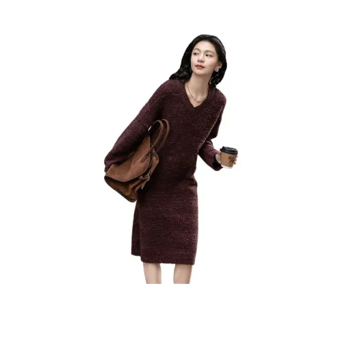 【Dme】 Длинное платье с длинными рукавами женское темно-красное