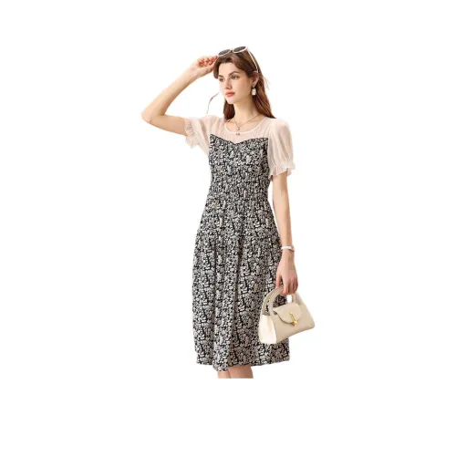 FENHONGMALI Короткий рукав Платье Женское Черное