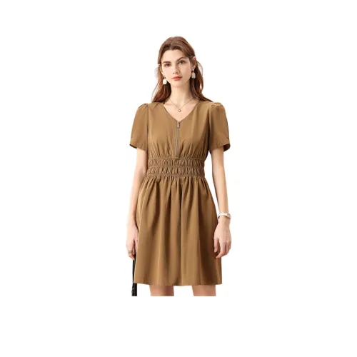 FENHONGMALI Короткий рукав Платье Женское Curry Зеленый