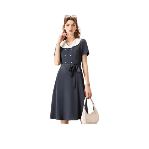 FENHONGMALI Короткий рукав Платье Женское Серый Синий