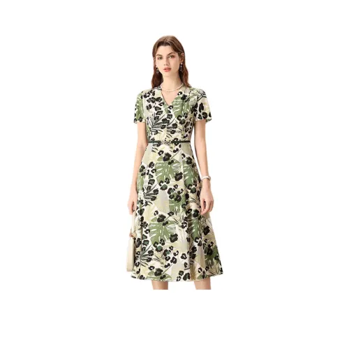 FENHONGMALI Короткий рукав Платье Женское Зеленое